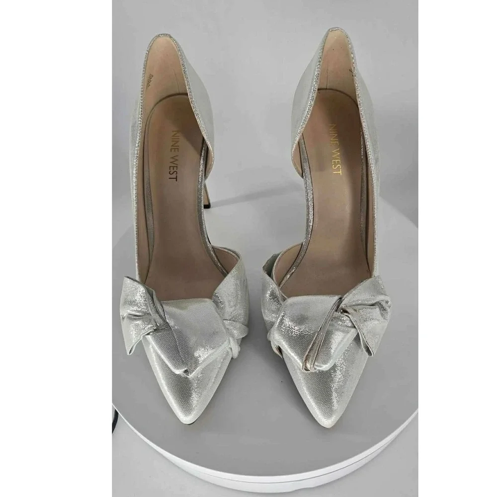 Nine West Edlina Silver Metallic Bow D'Orsay Pointed Toe Stiletto Pumps Heels 8M